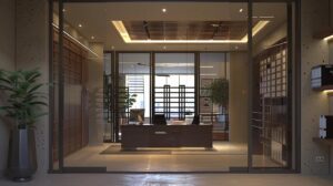 a modern residential property features an elegant custom gate, with a well-organized office space in the foreground showcasing blueprints and price charts, illuminated by soft overhead lighting to highlight the intricate design details.