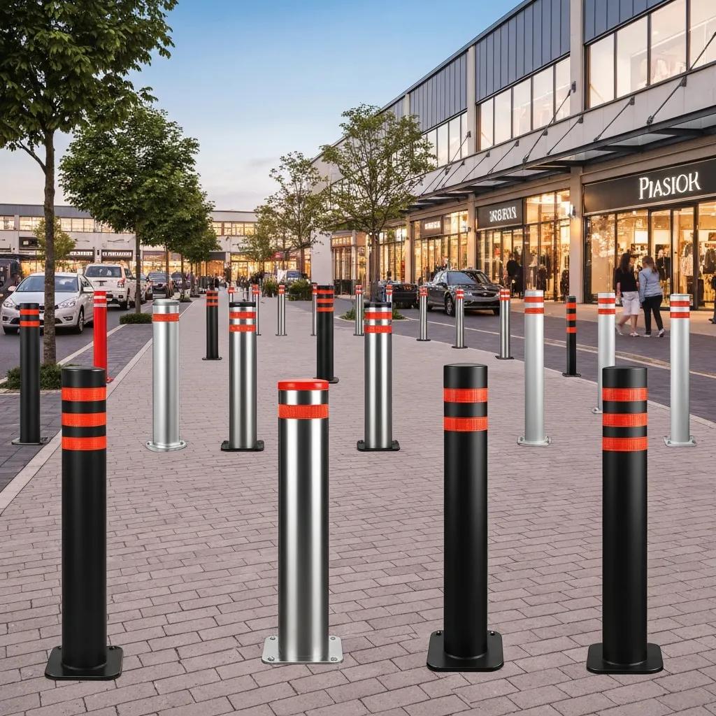 Various types of bollards enhancing security around a commercial property