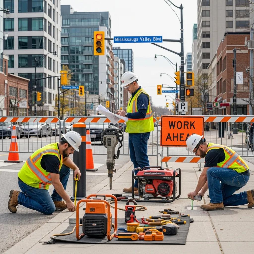 Technician assessing a site for bollard placement in Mississauga, with attention to compliance and safety