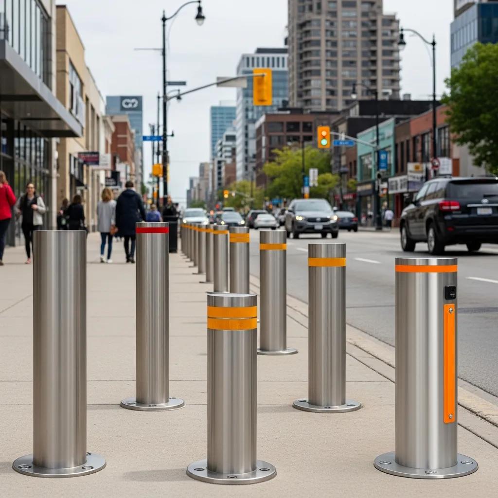 Diverse security bollards in an urban setting, highlighting their role in commercial property protection