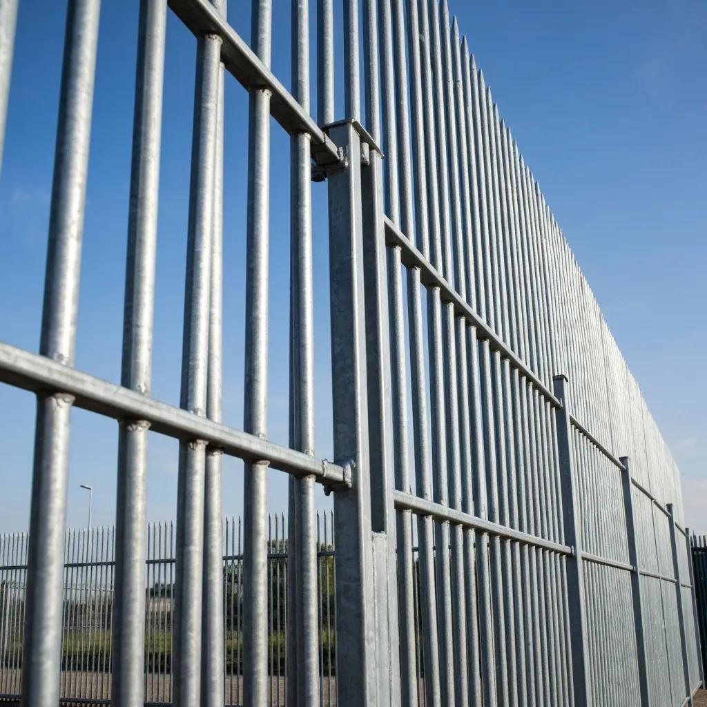 Industrial fencing installation showcasing steel palisade in an outdoor setting