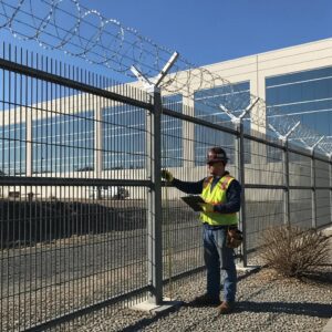 Industrial fencing installation showcasing steel security solutions for commercial properties