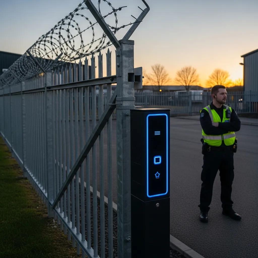 Access control integrated with industrial fencing showing card reader and secure automated gate