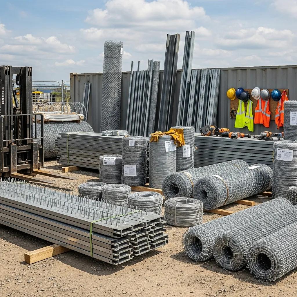 Close-up of heavy-duty fencing options including steel panels and chain link for industrial use