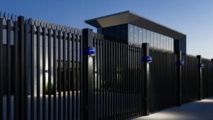 Modern commercial property with advanced high-security fencing showcasing durability and technology integration