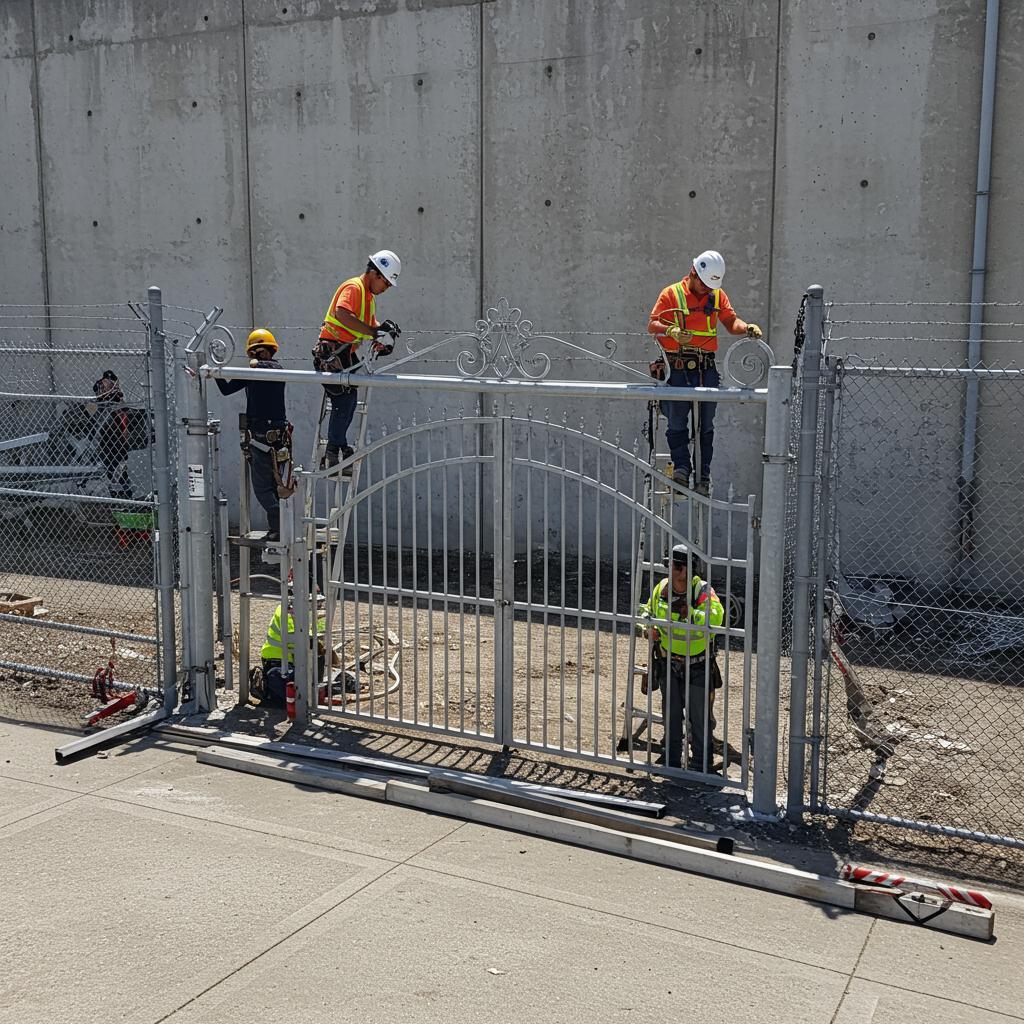 ### Key Elements **Main Subjects** - Workers in safety gear - Metal gate installation **Notable