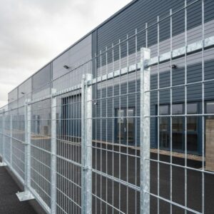 ### Key Elements **Main Subjects** - Metal fence - Industrial building **Objects** - Galvanized steel