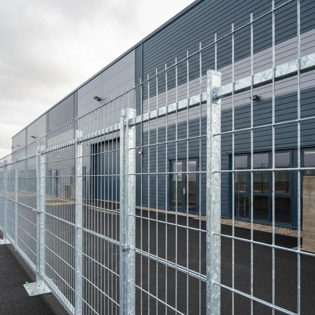 ### Key Elements **Main Subjects** - Metal fence - Industrial building **Objects** - Galvanized steel