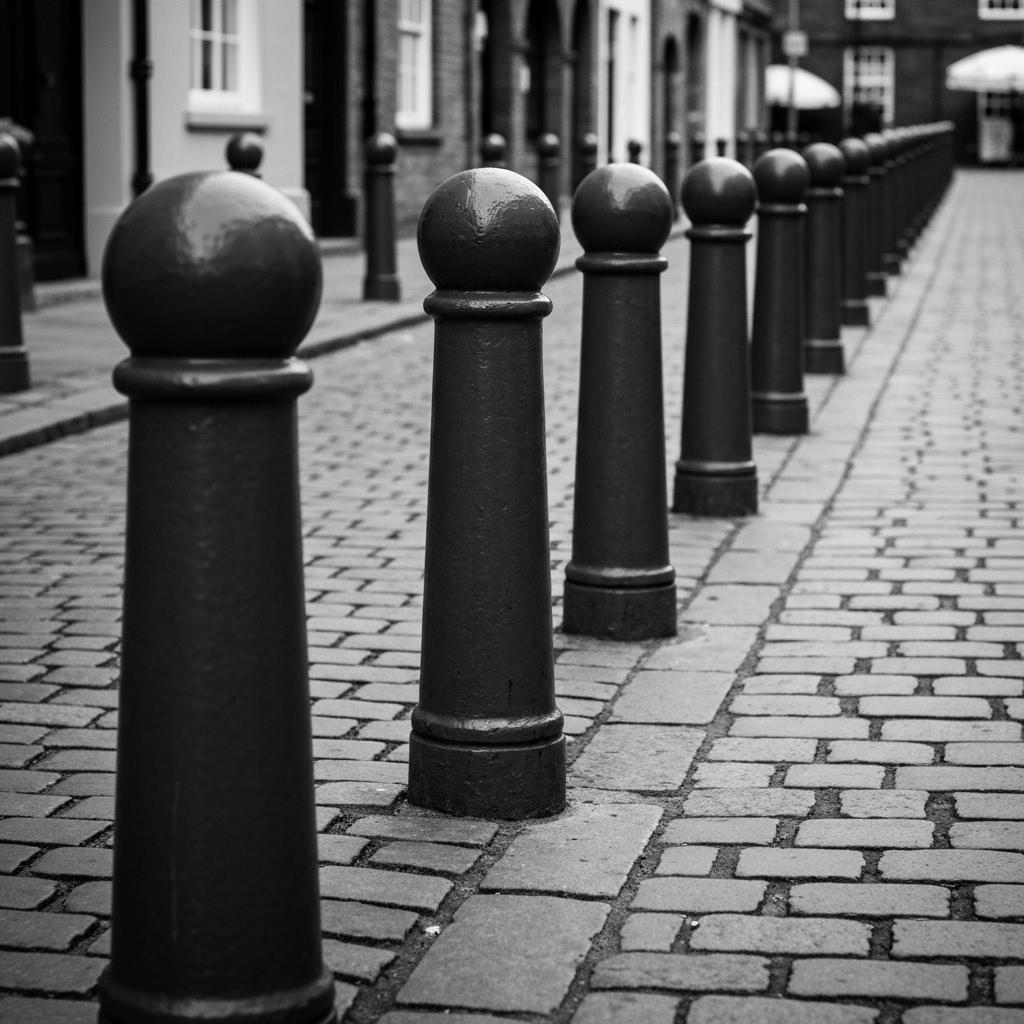 ### Key Elements - **Main Subjects**: Row of bollards - **Objects**: Cobblestone street, buildings in