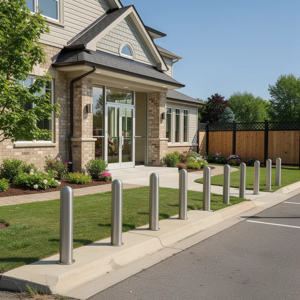 Steel security bollards protecting a Mississauga commercial storefront
